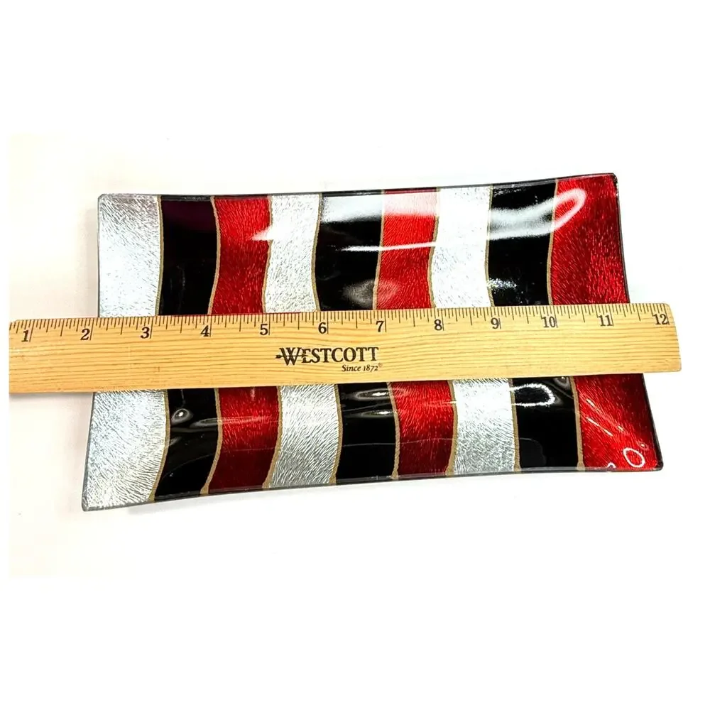 Unmarked Fused Glass Valet Tray Vertical Stripes in Metallic Red Black Silver